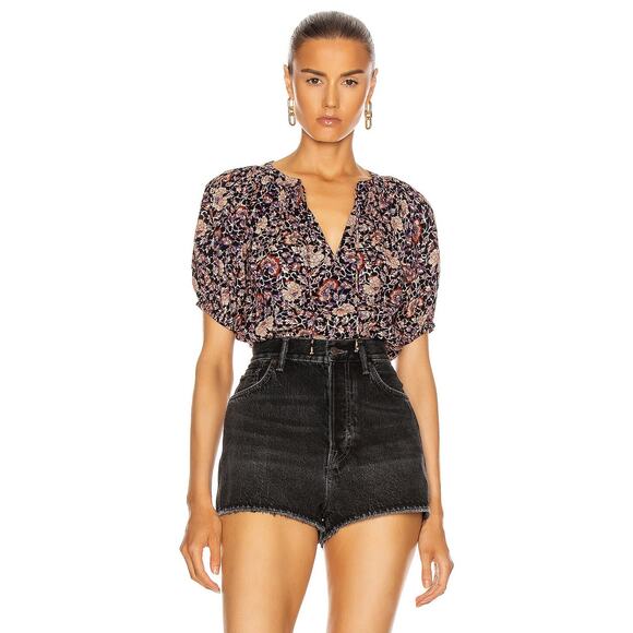 Ulla Johnson Top Womens 2 Evie Blouse Midnight Floral Puff Sleeve V-Neck - Picture 3 of 12